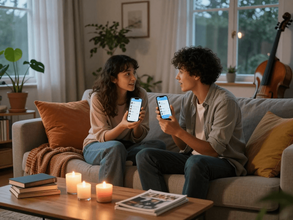 Engaging couple using sex ai chat in a warm, inviting living room.