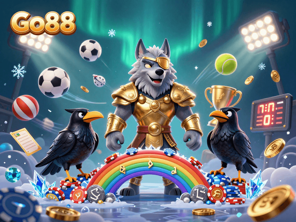 Win big at Go88 with a mystical Odin and ravens amidst casino chip wonders.