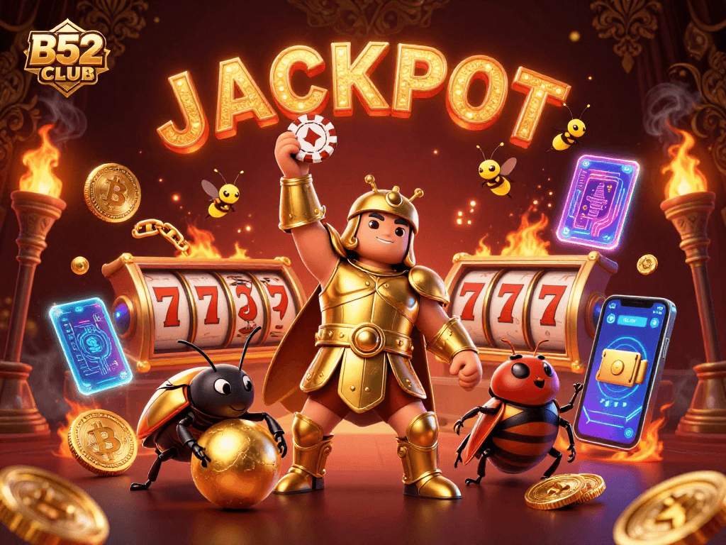 B52CLUB showcases a victorious hercules beetle with poker chip and dynamic slot reels in a vibrant jackpot celebration.