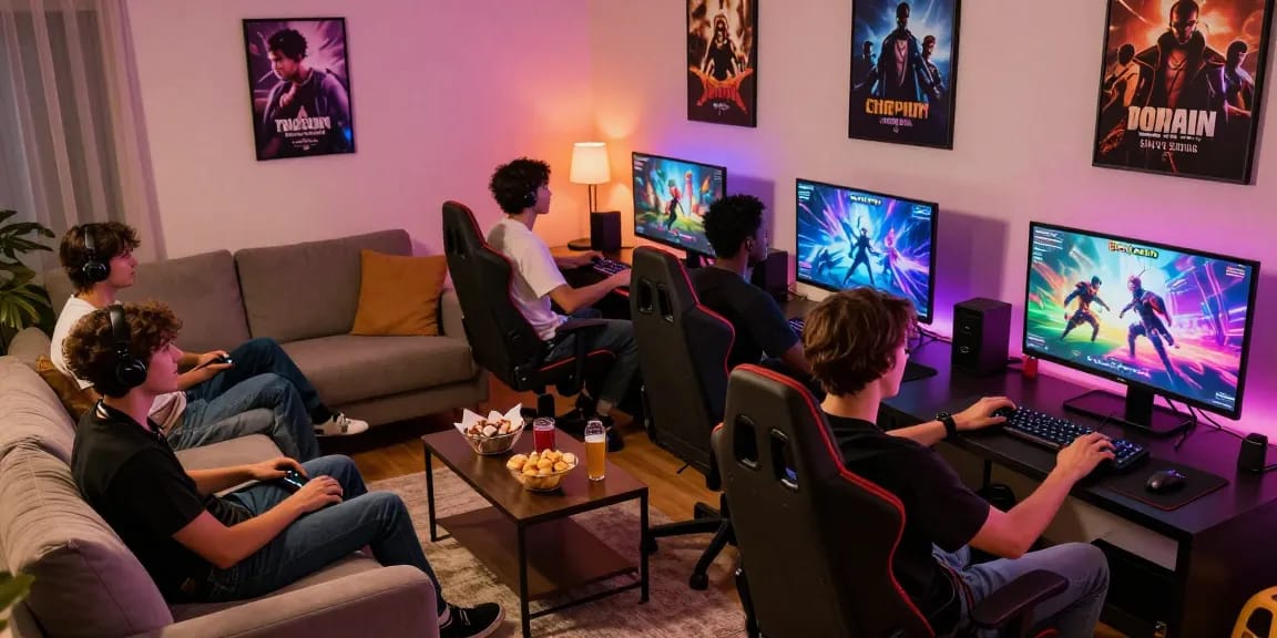 Engaging players in a home gaming setup enjoying porno games with vibrant graphics.