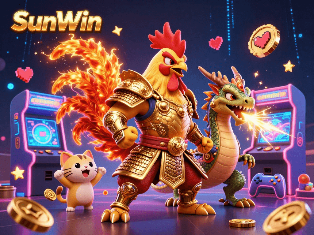 Engage in the vibrant world of SunWin with warriors surrounded by colorful gaming elements bursting with energy.