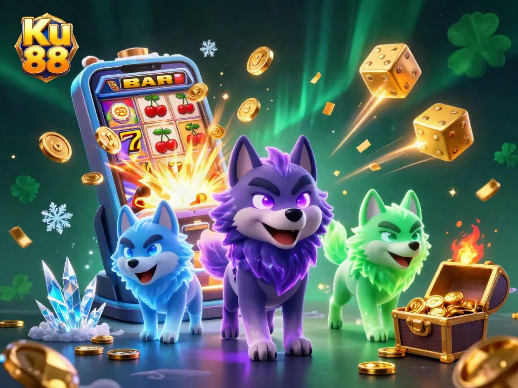 Ku 88 players enjoy jackpot thrills with 3D winning wolves amidst casino action.