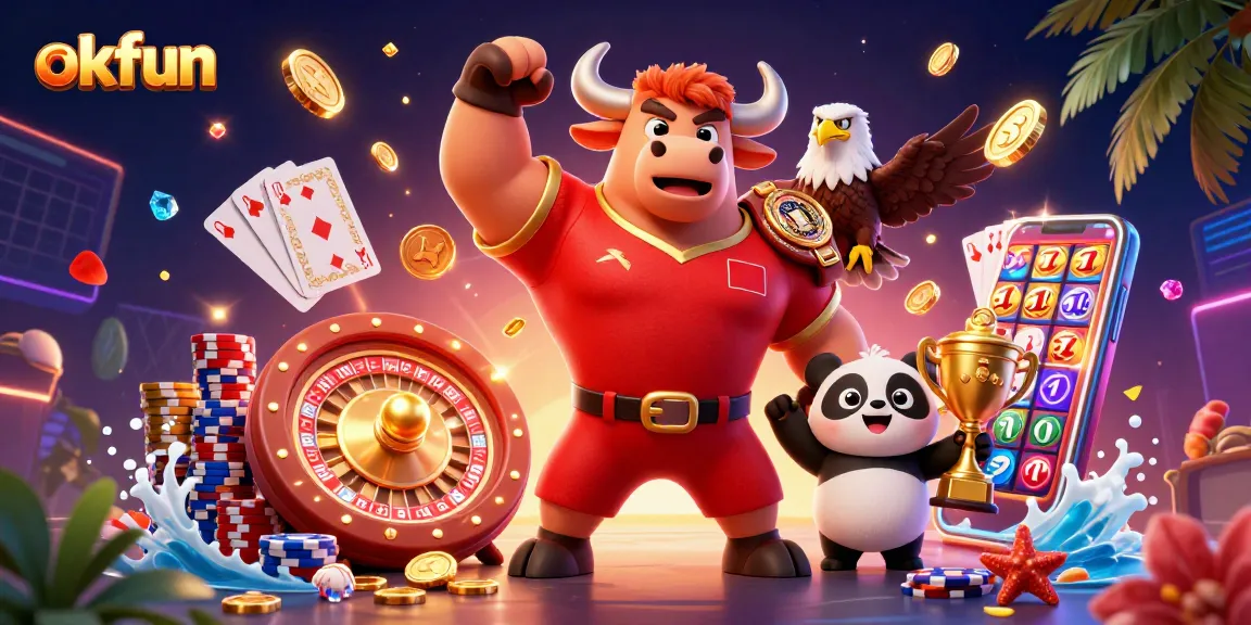 Engage in high-stakes fun at OKFUN with a victory-themed illustration featuring symbols of gaming triumph.