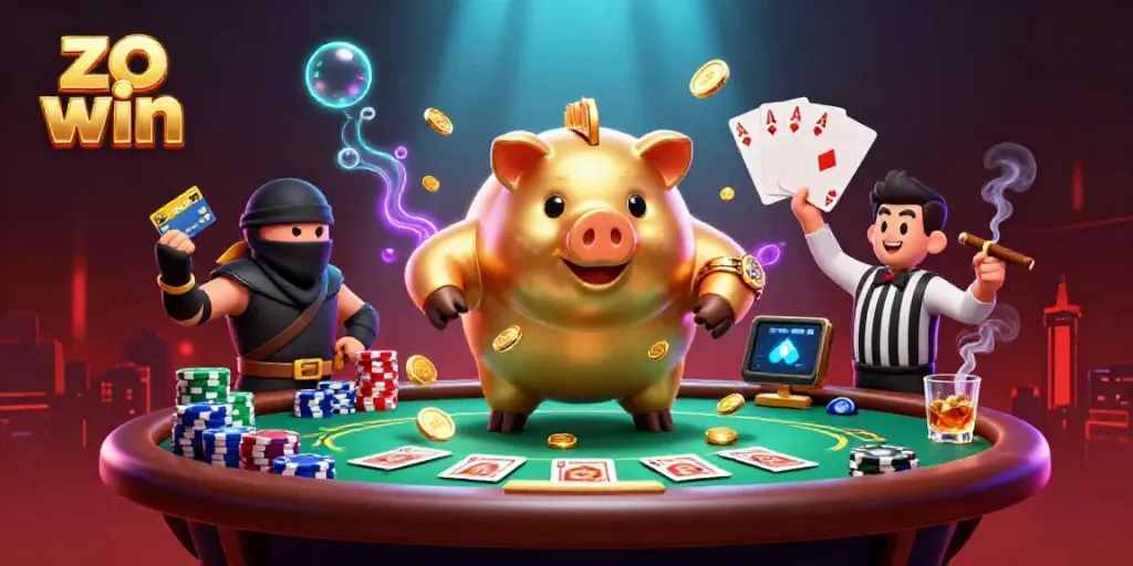 Experience the excitement of zo win with a dynamic casino scene featuring a sumo wrestler, ninja, and referee.