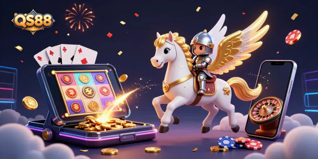 Experience the excitement of QS88 with a 3D illustration of a celestial horse and knight amidst casino elements.