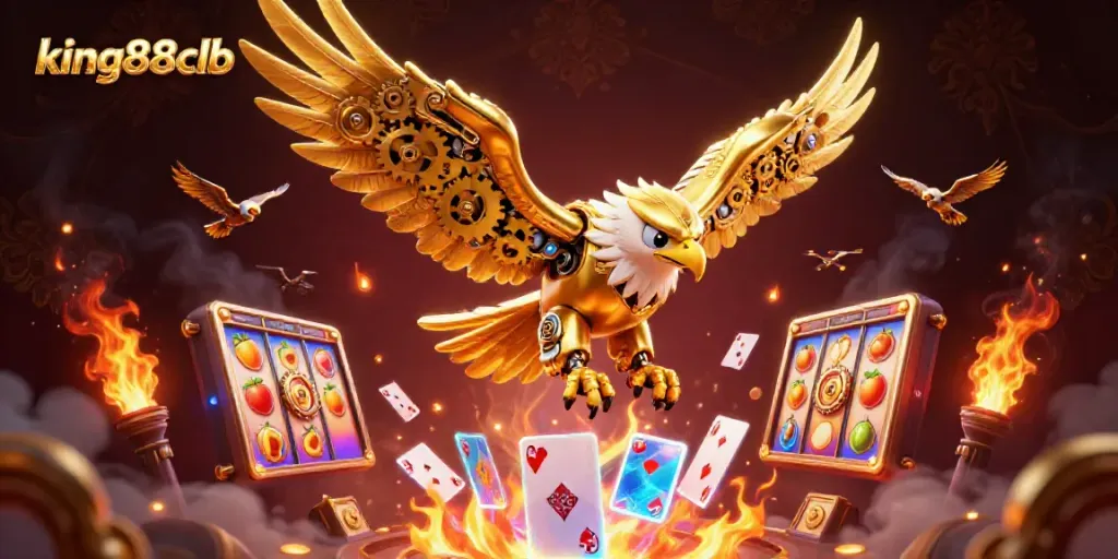 Experience excitement at king88clb with a cybernetic eagle soaring through colorful casino reels and cards.