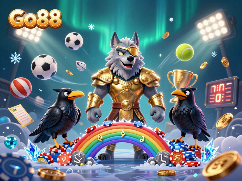 Win big at Go88 with a mystical Odin and ravens amidst casino chip wonders.