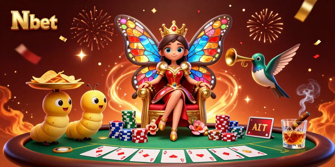 Experience N bet’s vibrant casino environment with a butterfly queen in a dynamic poker scene, showcasing strategy and fun.