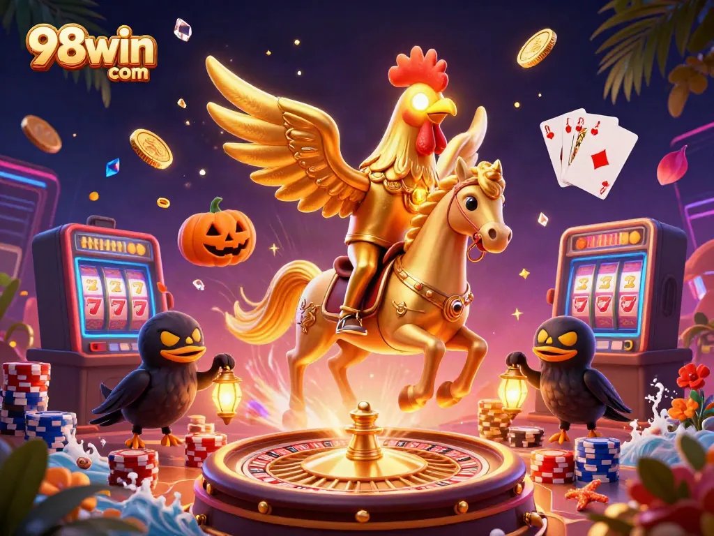 Experience excitement at 98win com with golden rooster and casino games flying coins and gems.