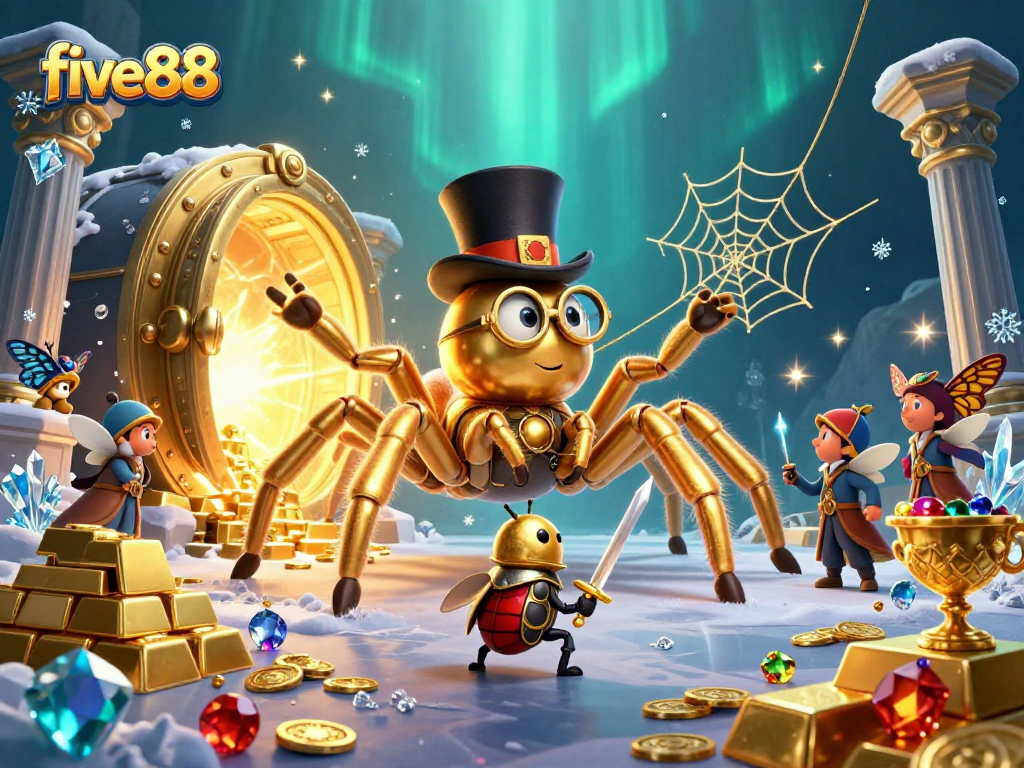 Experience the thrill of five88 as a giant golden tarantula weaves a golden web in a vibrant casino scene.