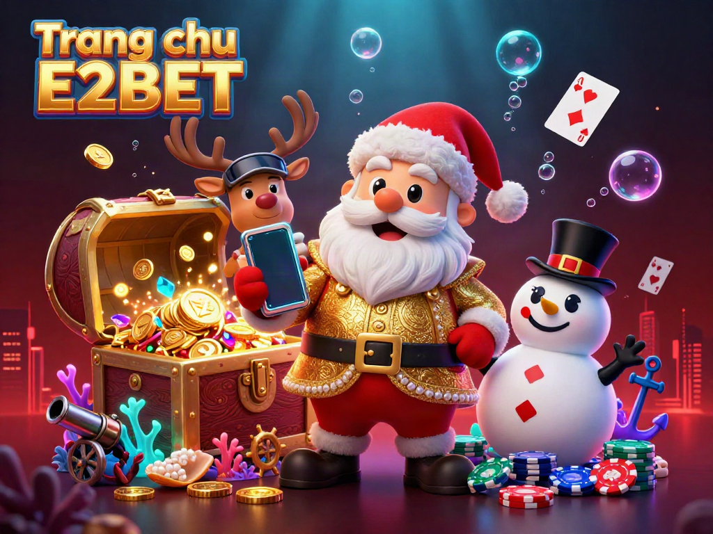 Experience excitement at Trang chu E2BET with a festive casino scene featuring Santa, a reindeer dealer, and a poker chip snowman.