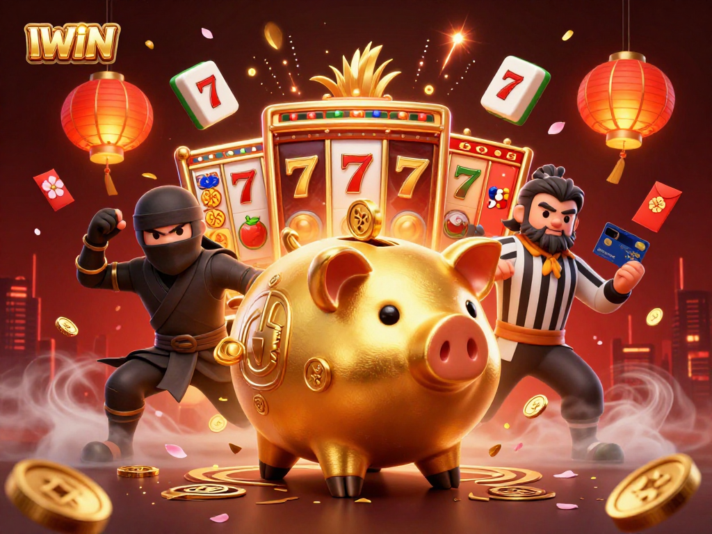 IWIN offers dynamic casino excitement with a golden piggy bank, samurai, and ninja in an action-packed scene.