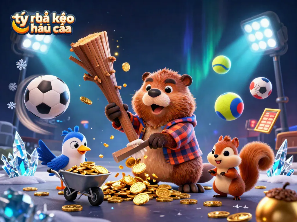 Engage with tỷ lệ kèo nhà cái in this vibrant scene depicting playful characters among sports betting elements.