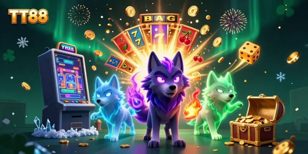 Engage with TT88's thrilling slot game experience, highlighted by a vivid jackpot scene with ghostly wolves and dynamic casino elements.