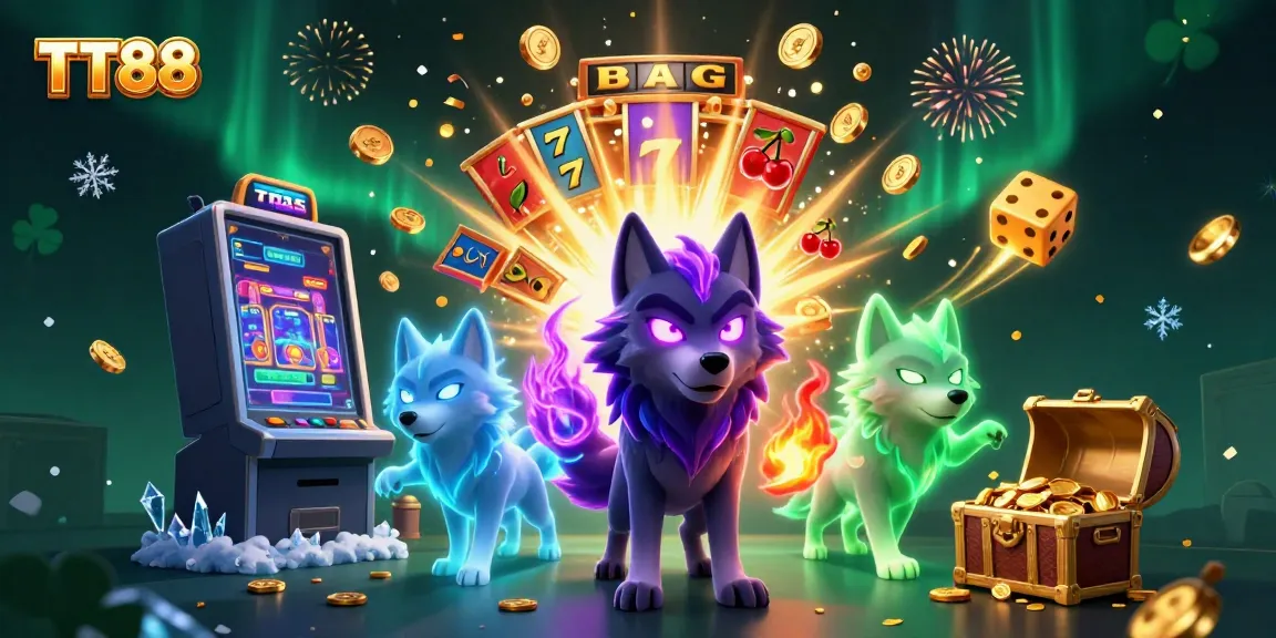 Engage with TT88's thrilling slot game experience, highlighted by a vivid jackpot scene with ghostly wolves and dynamic casino elements.