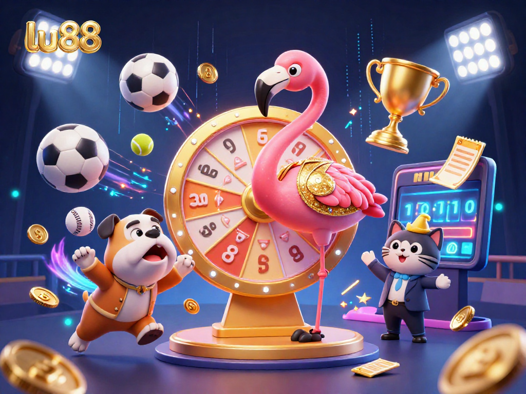 Experience thrilling moments with lu88's vibrant game show featuring a flamingo host, bulldog contestant, and sports elements.