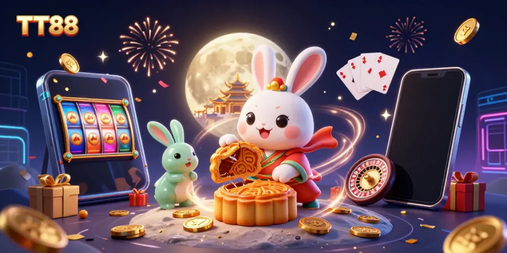 Experience TT88's vibrant gambling scene with a moon rabbit and jade companion enjoying casino games under a colorful explosion of excitement.