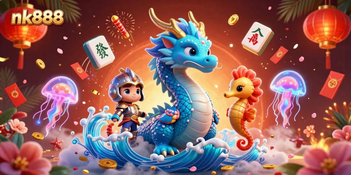 Engage with the vibrant scene of nk888 where a dragon and seahorse knight bring fortune amidst floating casino elements.