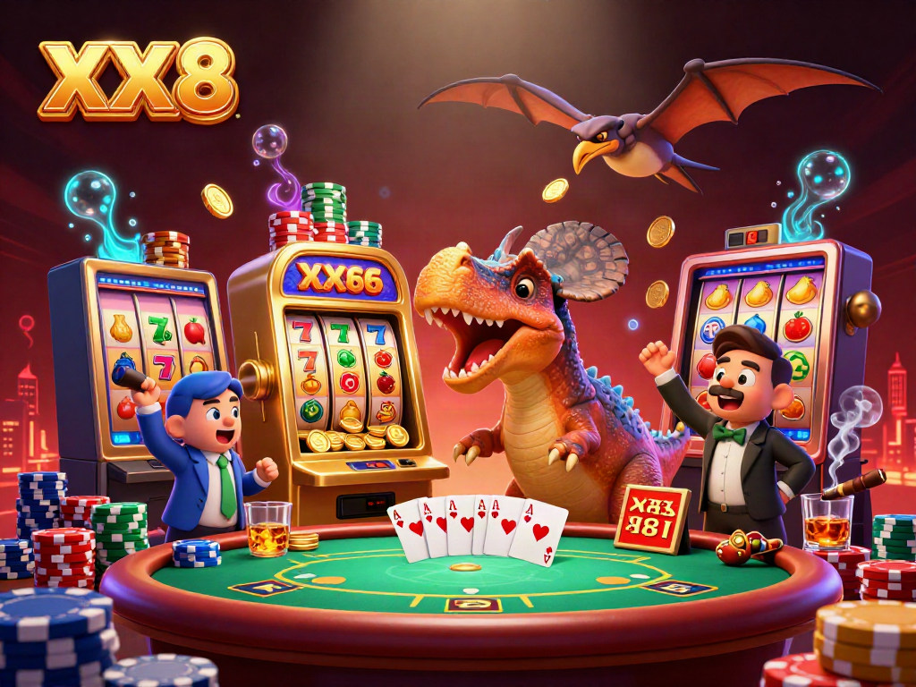 Headbutting pachycephalosaurus celebrates a slot jackpot at XX 8 casino.