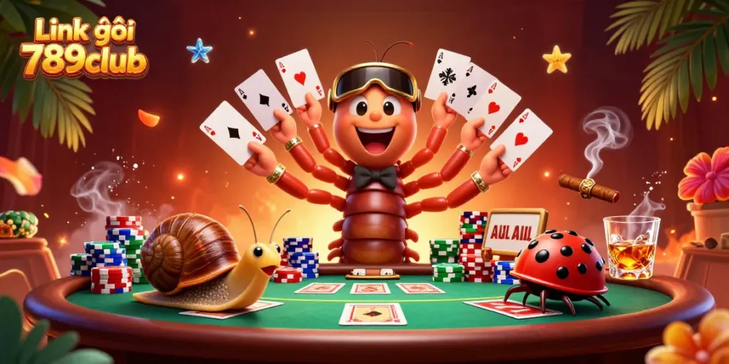 Experience the excitement of Link vào 789club with a millipede dealer and high-roller snail in a dynamic casino scene.