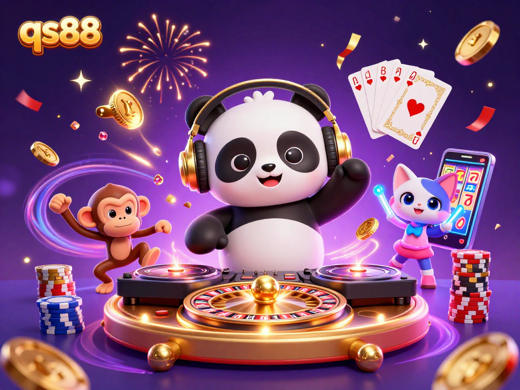 Experience exciting wins with qs88 in a vibrant 3D casino party scene featuring engaging characters.