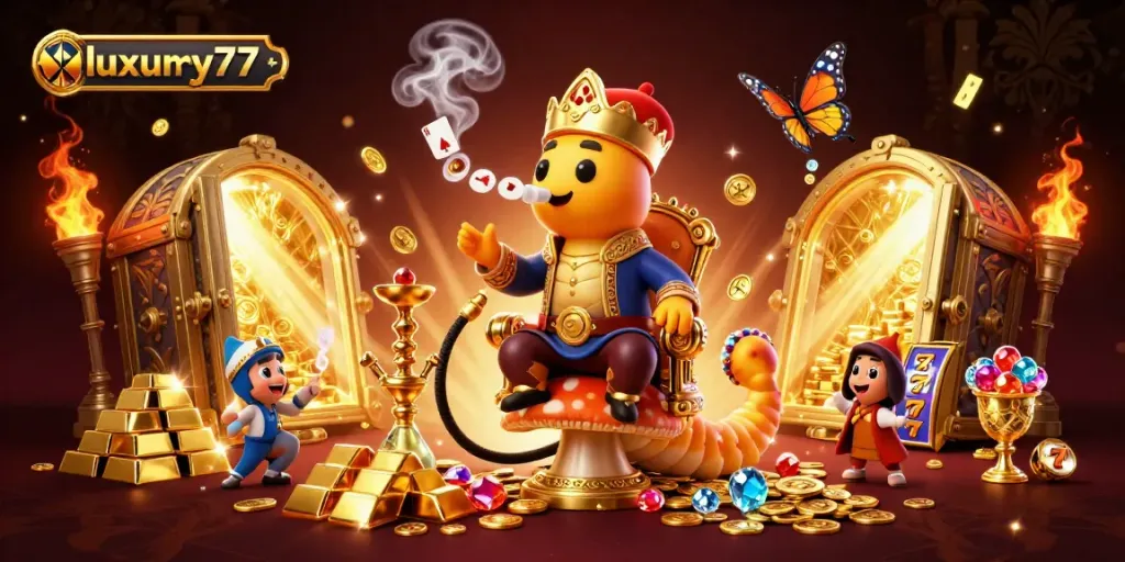 Engage with luxury777 slots and jackpots in a vibrant 3D casino illustration filled with treasures.