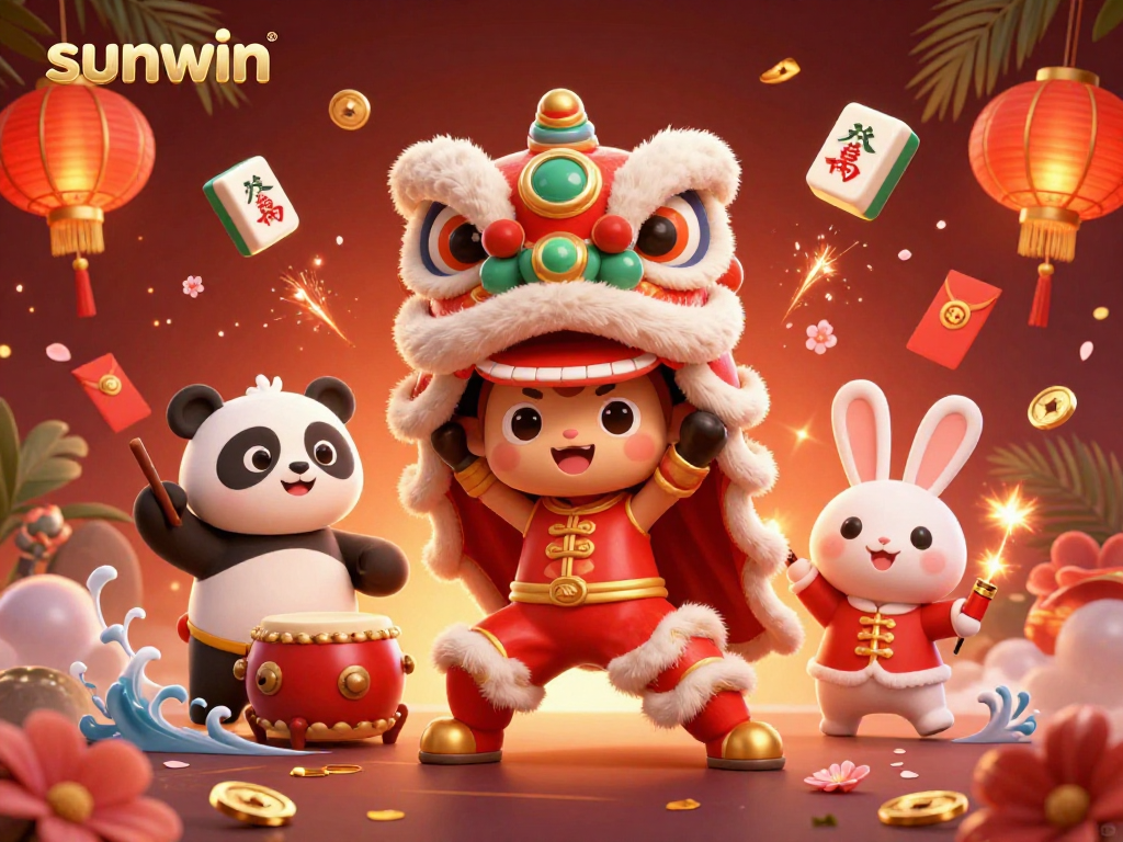 Experience the thrill of sunwin's dynamic gaming with vibrant casino elements in a festive scene.