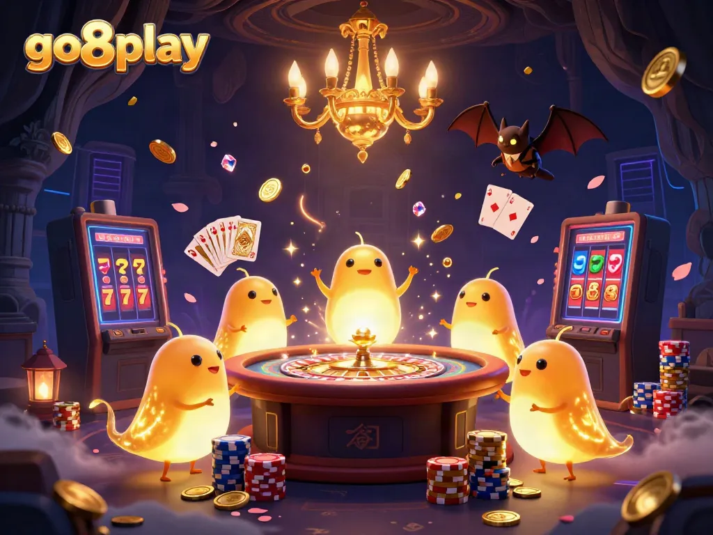 Experience the vibrant ambiance of go8play's cave casino, illuminated by glowworms and dynamic gaming elements.