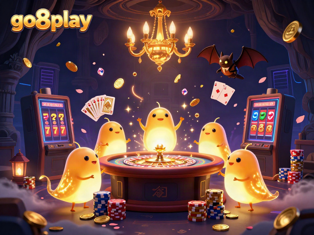 Experience the vibrant ambiance of go8play's cave casino, illuminated by glowworms and dynamic gaming elements.