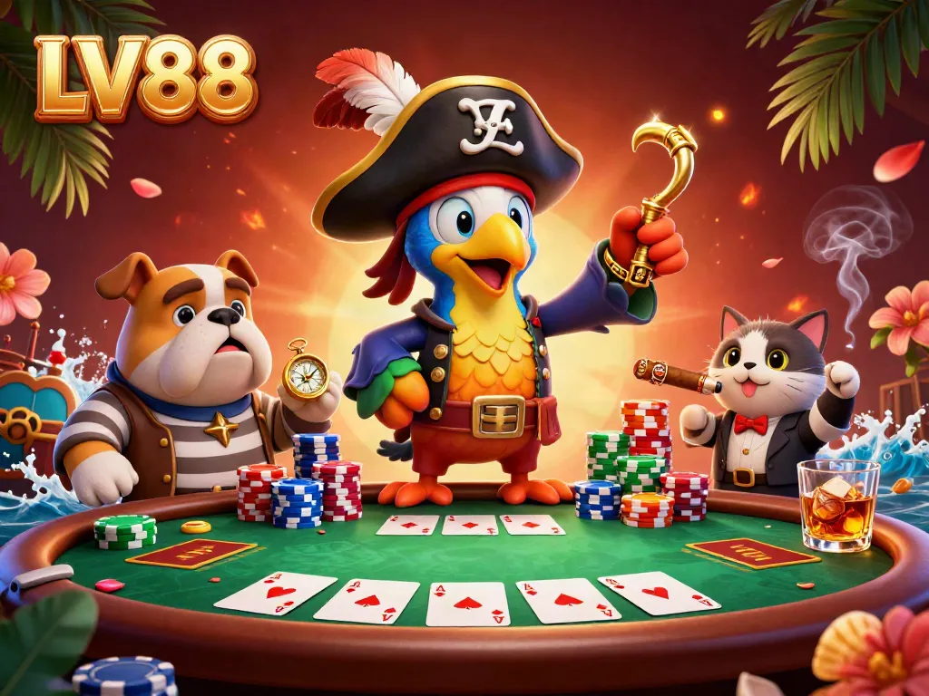 Immerse in LV88's vibrant pirate-themed casino experience with captivating characters and playful gaming elements.