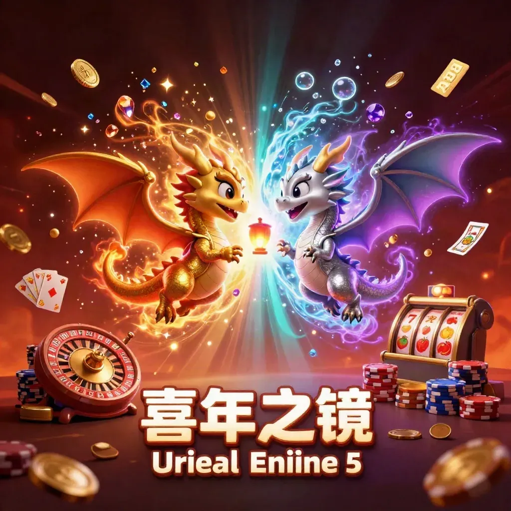 Two intertwined dragons with coins, chips, cards, reels, and glowing magic in a dark casino fantasy scene.