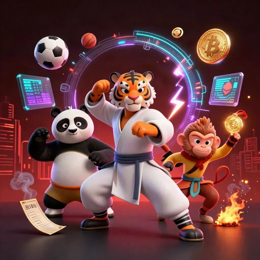 Kung-fu tiger, panda, and monkey amid neon crypto sports props and smoky casino light.