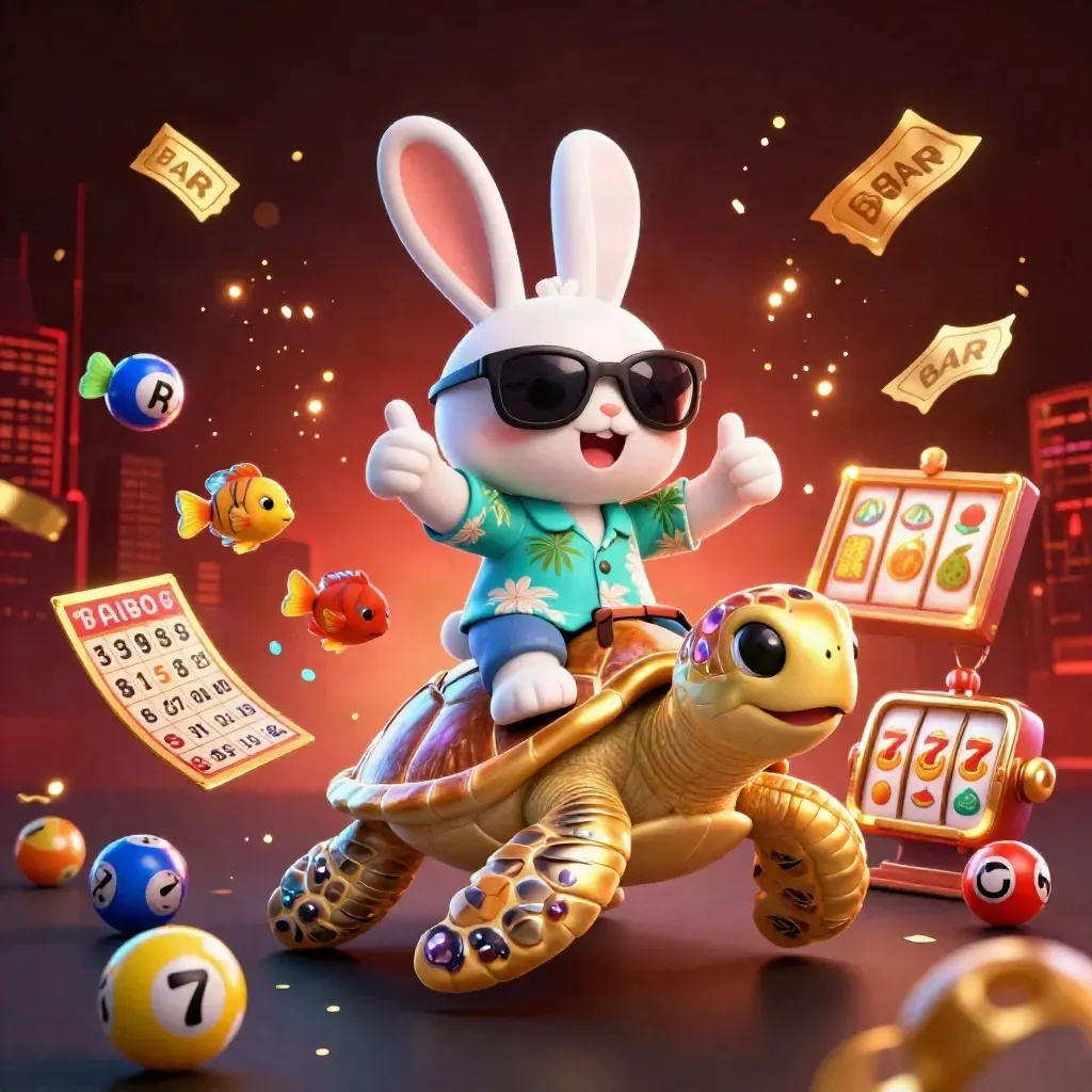 Rabbit and turtle casino key art with floating slots, balls, and neon treasure in a dark skyline.