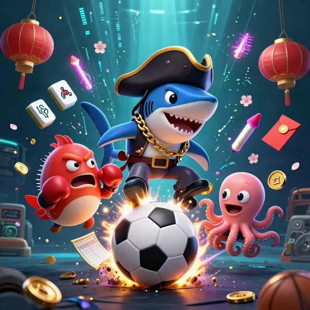 Shark pirate, boxing pufferfish, and coin-juggling octopus in neon soccer splash and casino glow.
