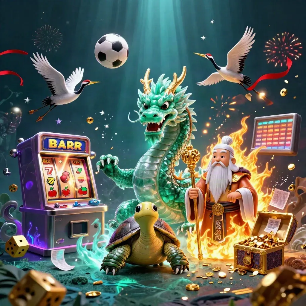 Jade dragon, turtle sage and cranes amid a jackpot slot burst, gold, balls and teal-purple glow.