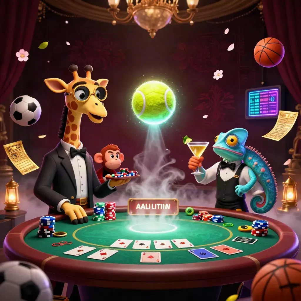 Ground-level tennis-ball burst with casino mascots, chips, and neon fog.