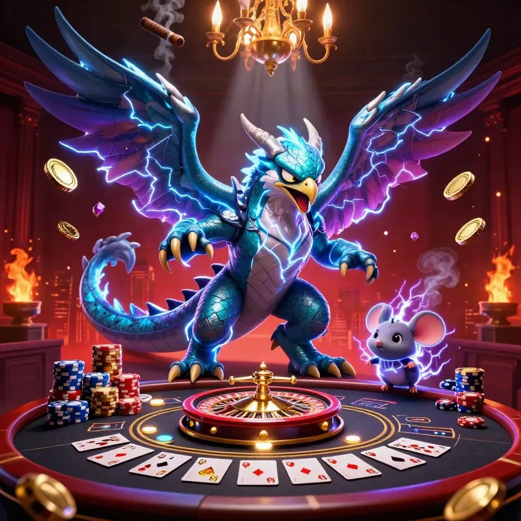 Thunder dragon, wind hawk and static mouse in a neon casino room with coins, chips, cards and a roulette wheel