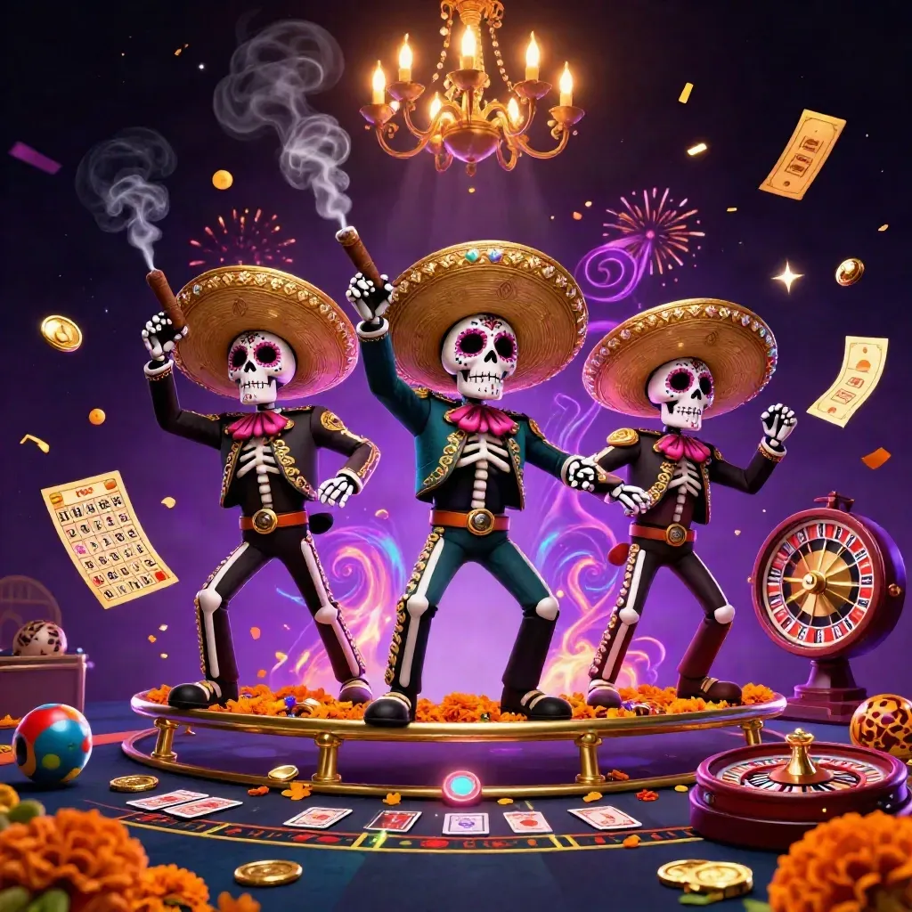 Skeleton mariachi trio amid lottery balls, prize wheel, confetti, and neon casino magic.