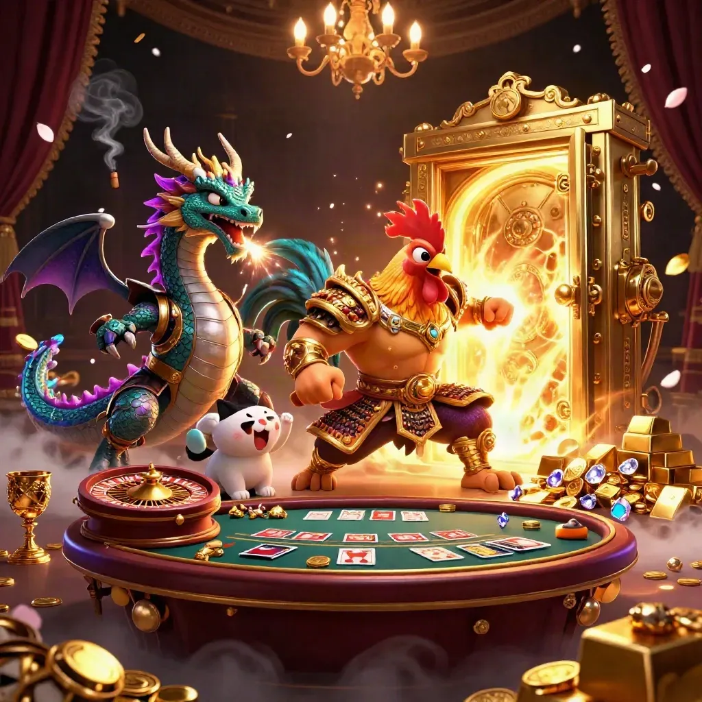 Rooster warrior, dragon hatchling, and fortune-cat amid vault light, gold, gems, and casino glam