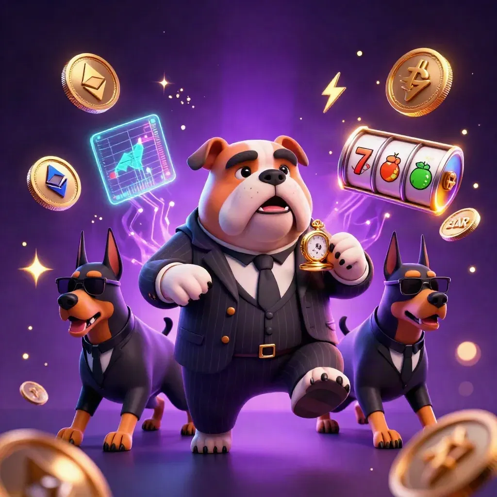 Mafia bulldog and two Dobermans amid neon coins, reels, and electric casino energy.