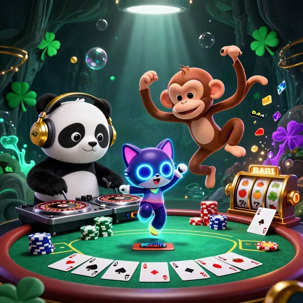 DJ panda, dancing monkey, and rave kitten amid chips, cards, teal glow, and ghostly casino light.