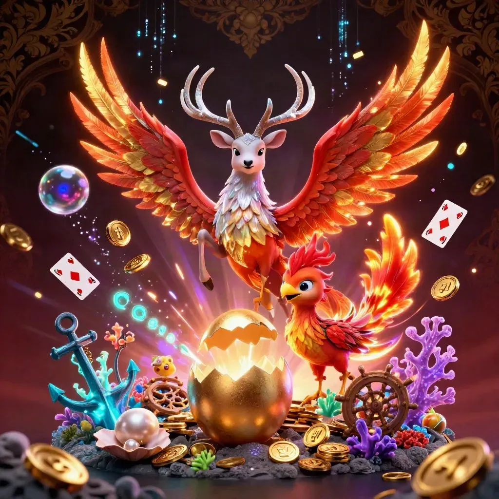 Phoenix, baby phoenix, and crystal stag erupt from a treasure cove with teal-purple casino glow.