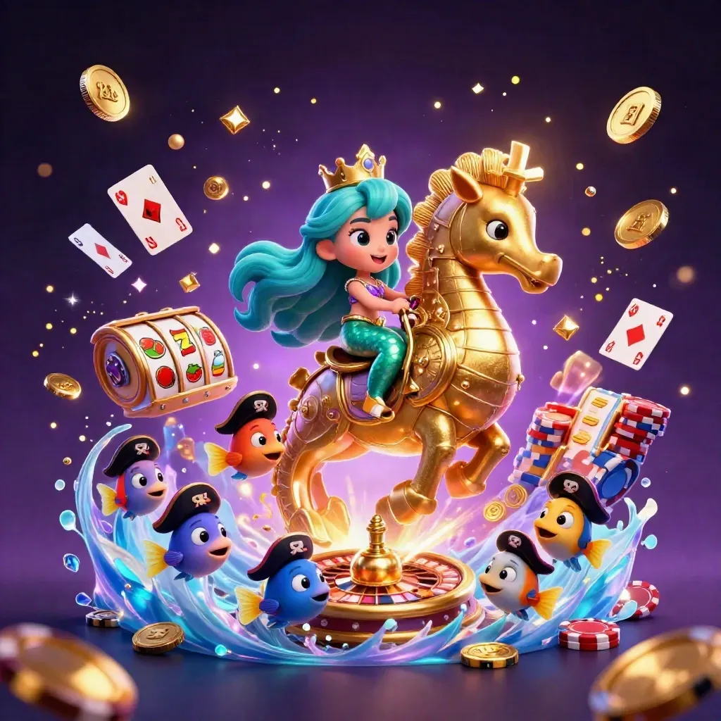 Mermaid princess on a golden seahorse amid coins, gems, chips, cards and neon casino magic.