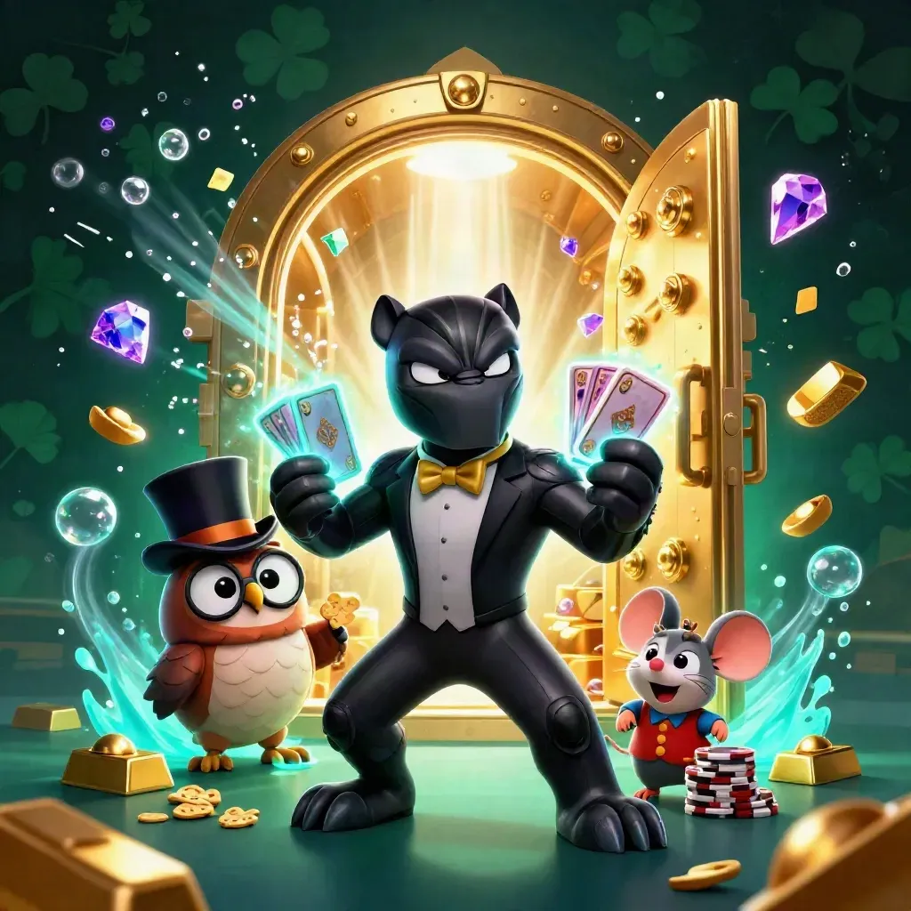 Panther, owl, and mouse blast open a vault amid gold, gems, and teal-purple glow.