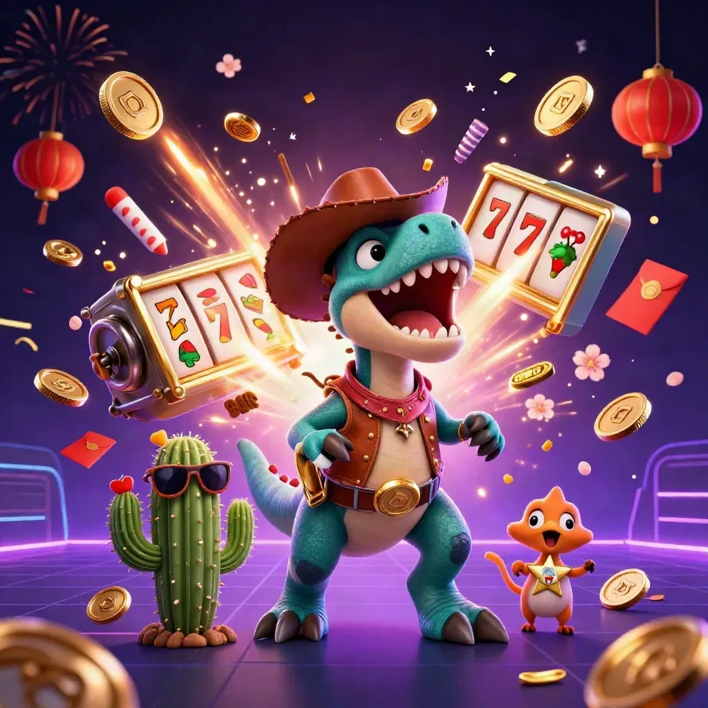 Cartoon cowboy T-Rex, cactus, and roadrunner amid exploding coins, reels, lanterns, and fireworks.