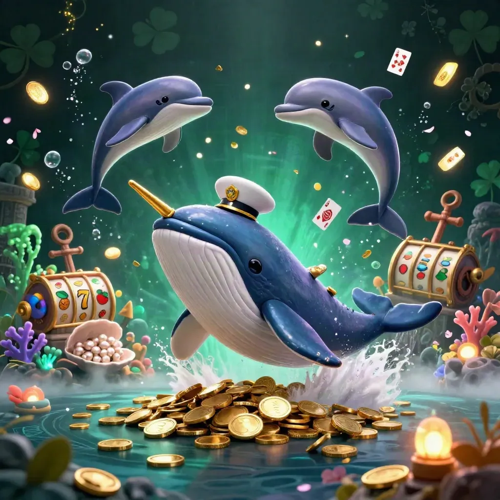Captain whale, narwhal, and dolphins burst through coins in a neon treasure cove.