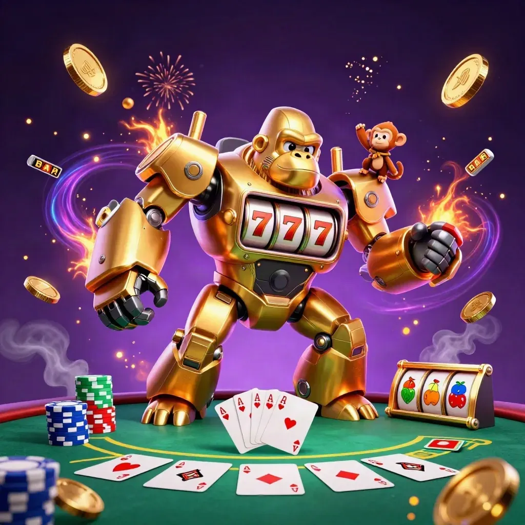 Golden gorilla slot mech with monkey pilot, chips, aces, reels, and bursting coin fireworks