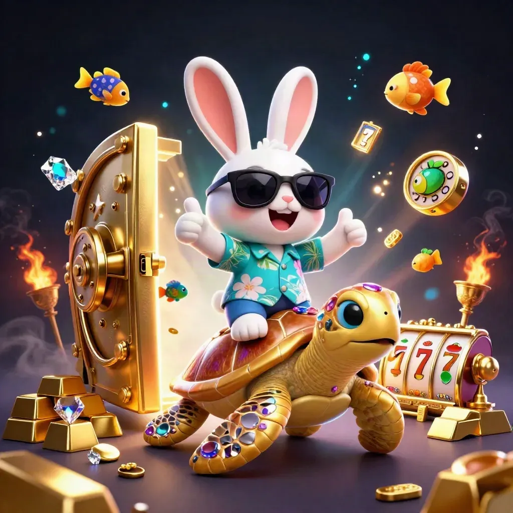 Lucky rabbit rides a jeweled sea turtle through glowing slot treasure and ghostly casino sparks.
