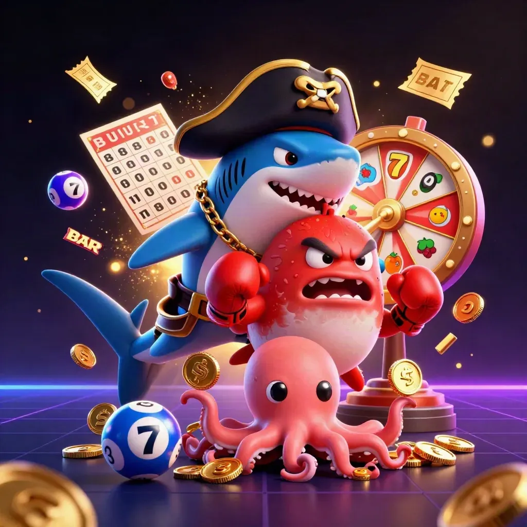 Pirate shark, boxing pufferfish, and juggling octopus in a neon casino burst