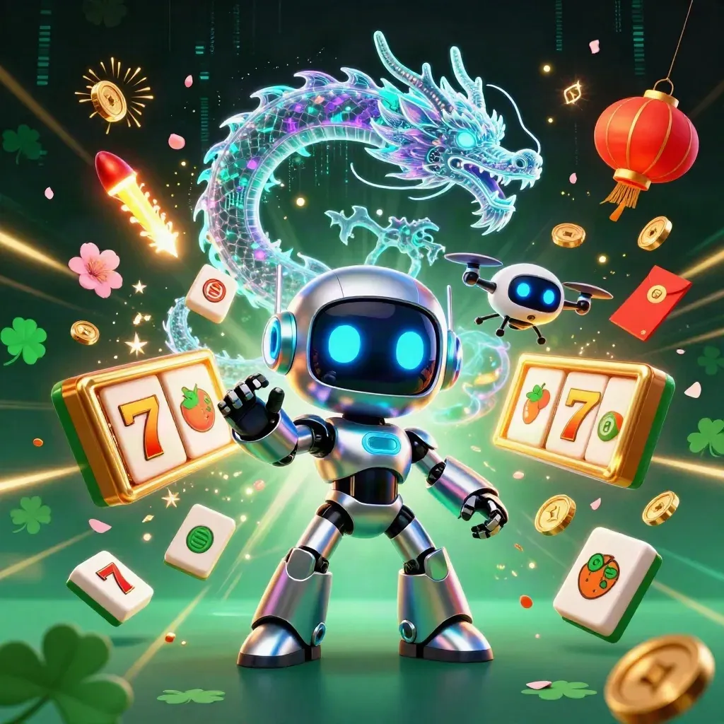 Cyberpunk robot, hologram dragon and coin drone amid casino symbols on a dark emerald neon background